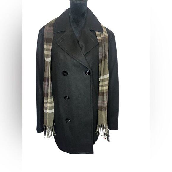 NWT LIZ CLAIBORNE MENS BLACK WOOL BLEND W/ PLAID SCARF ATTACHED PEACOAT SIZE M - Picture 7 of 12